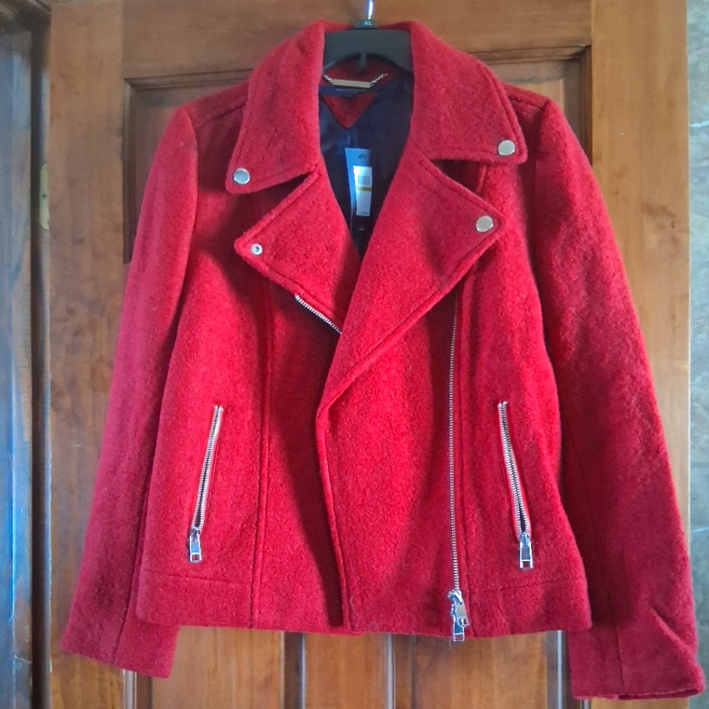NWT Women's Tommy Hilfiger Red Wool Moto Jacket with Zippers.